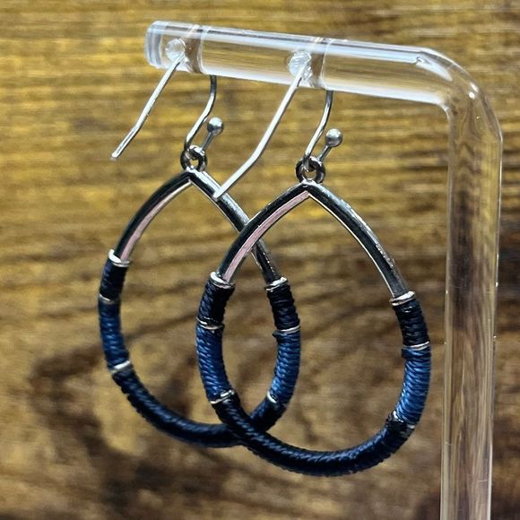 Blue & Black Thread Wrapped Silver Earrings - Picture 3 of 6